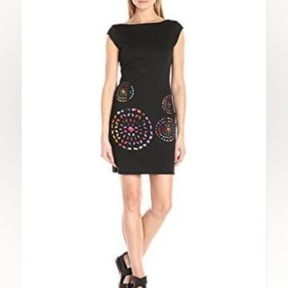 [Desigual] Olimpic Little Black Dress Lazer Cut Multicolor Accents Women  Large